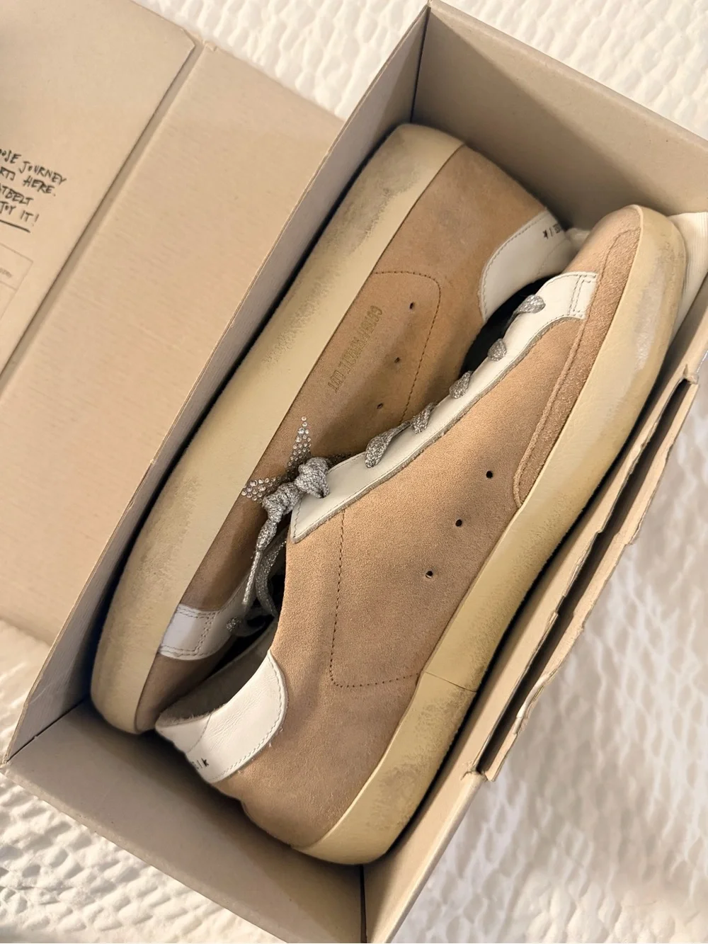 Golden Goose Beige Suede Sneakers with White Panels & Silver Laces